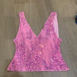 SHEIN Pink Sequin V-Neck Crop Top